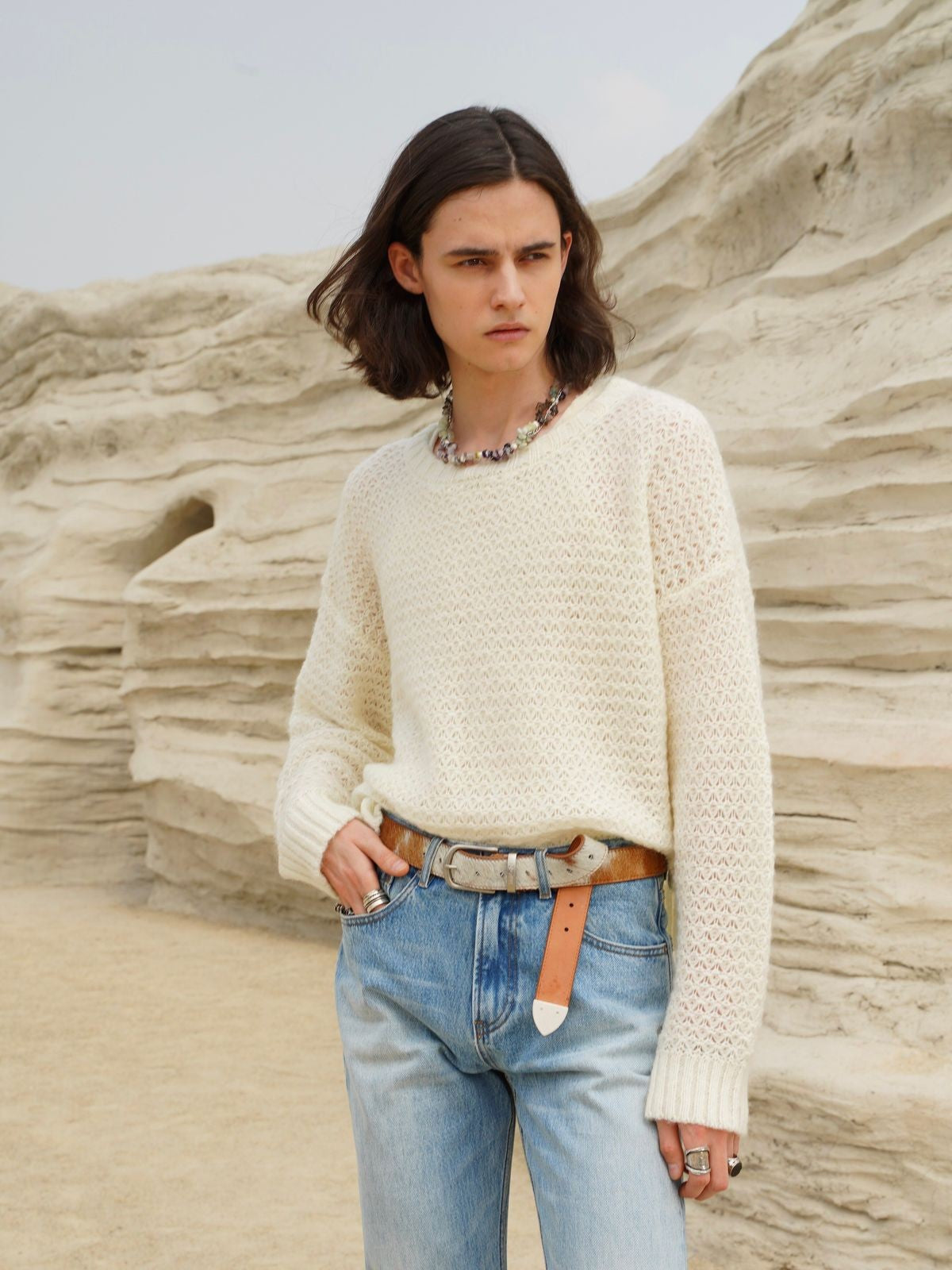 Retro 21 Hollow Knit Wool Mohair Sweater in White - On Male Model