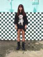 D5ove Sad Bear Graphic Half Sleeve T Shirt in Black - On Female Model