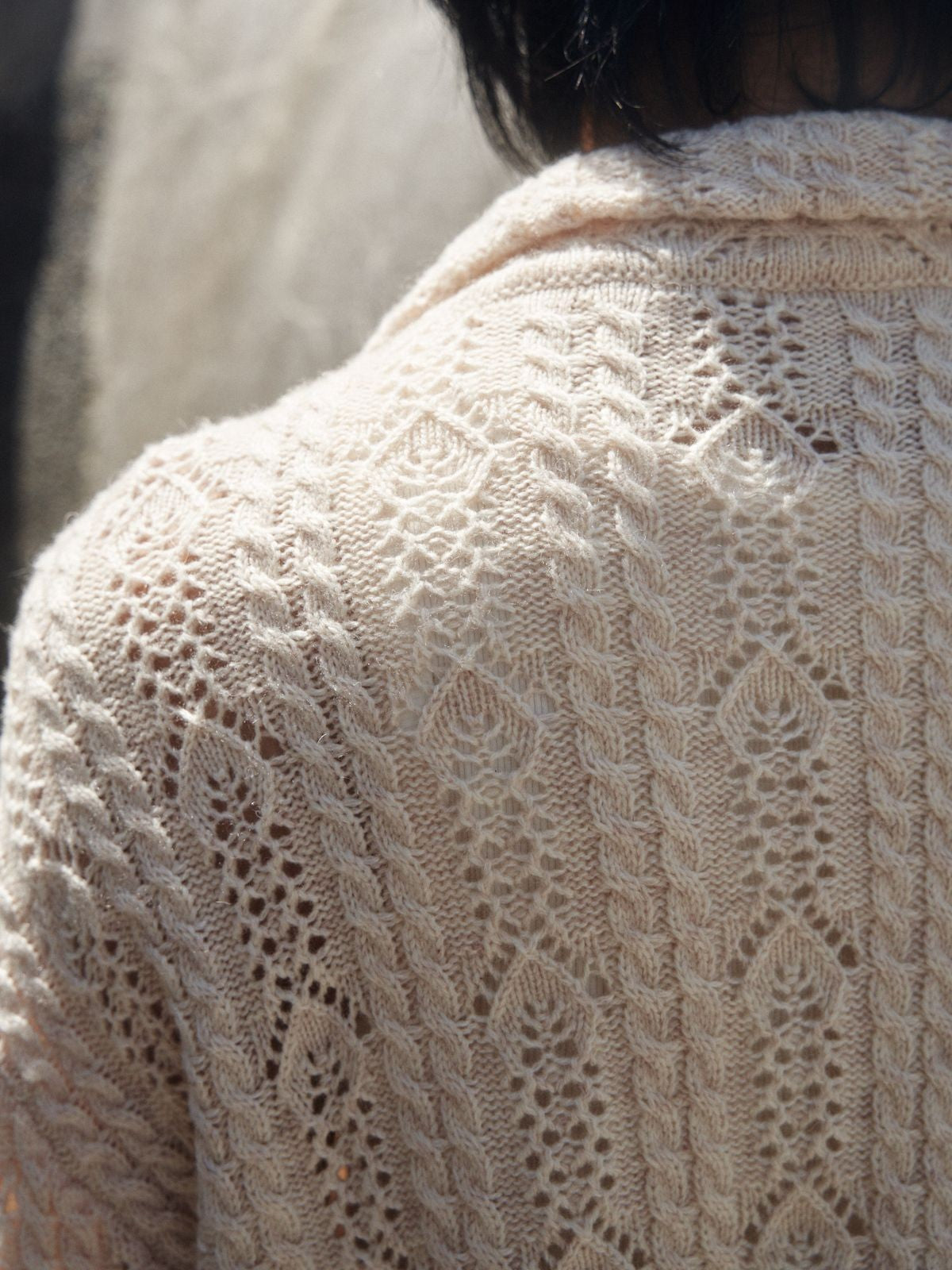 Retro 21 Openwork Wool Knit Cardigan Shirt in Apricot - On Female Model