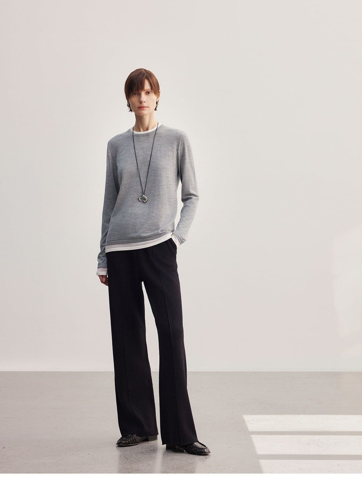 MSBEAST Biella Merino Wool Wide Leg Pants in Black - On Female Model
