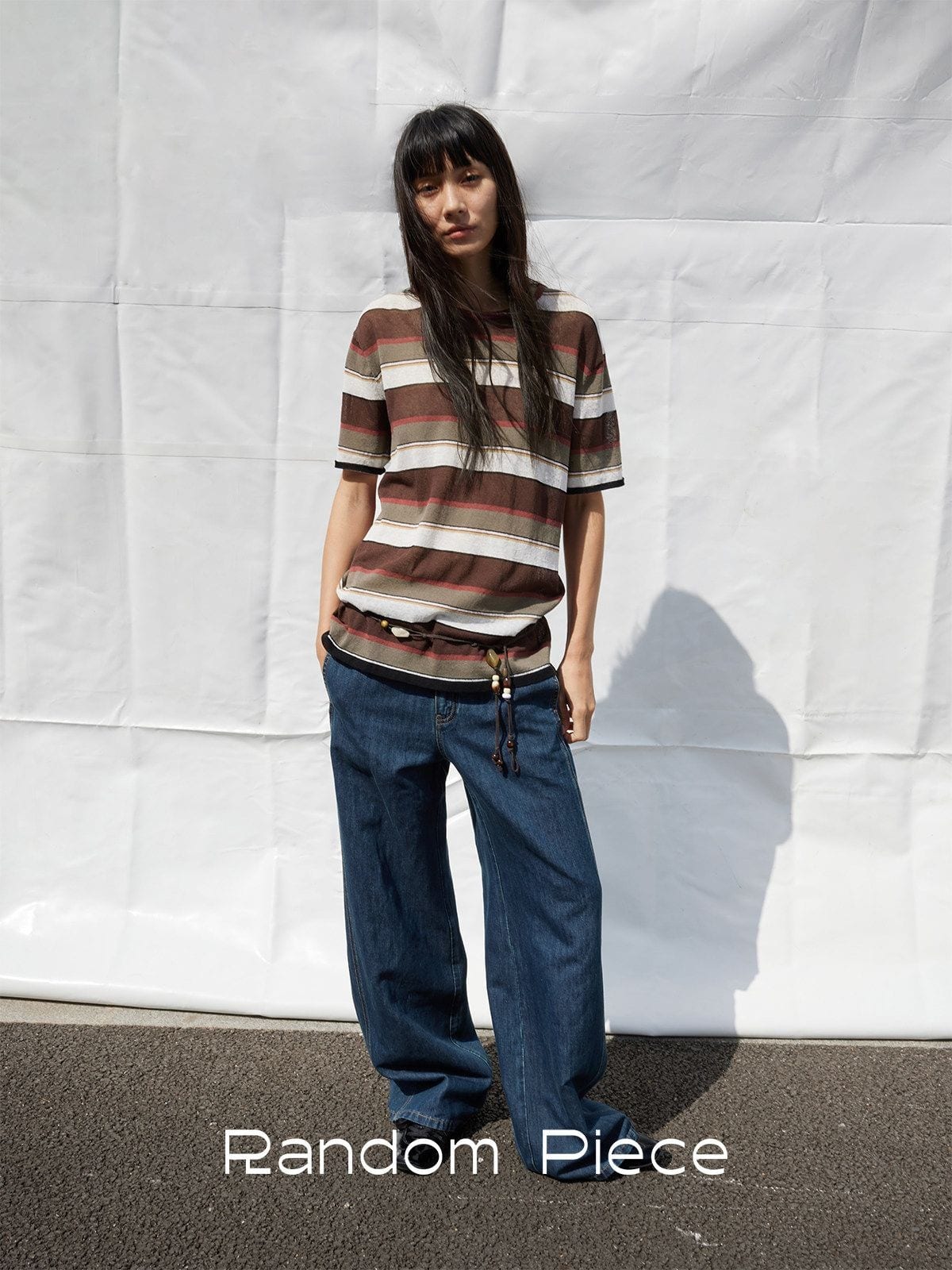 Random Piece Semi Sheer Striped Knit Top in Brown - On Female Model