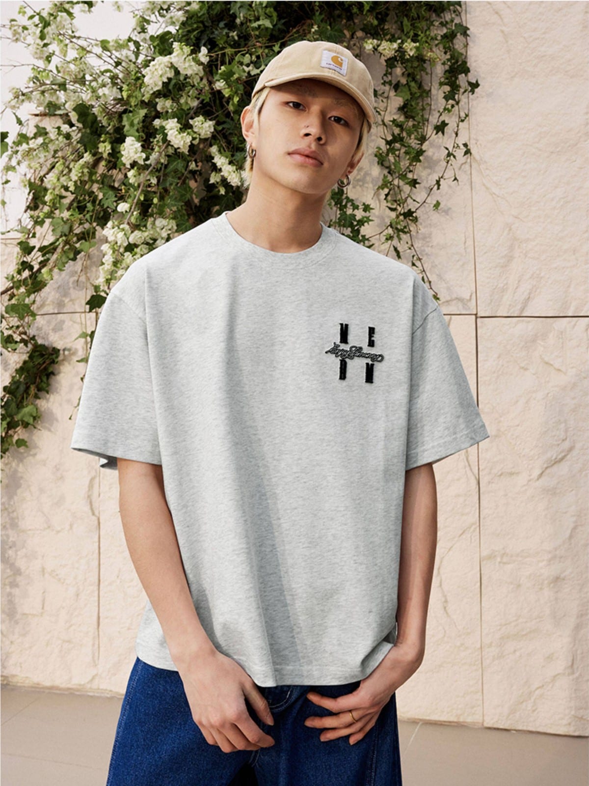 MEDM Tufted Logo Cotton T Shirt in Gray - On Male Model