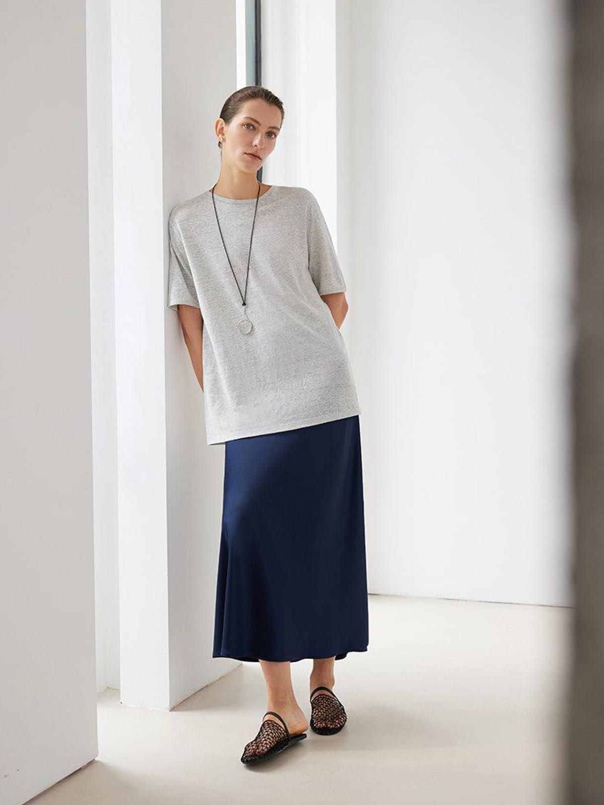 MSBEAST Sheer Linen Blend Crewneck T Shirt in Gray - On Female Model