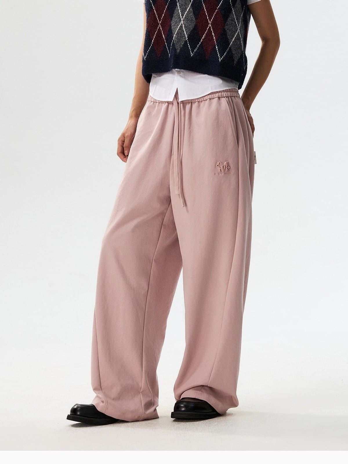 MEDM Spliced Drawstring Wide Leg Trousers in Pink - On Model