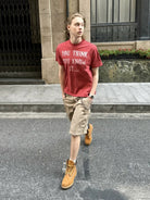 VLABMADE Distressed Slogan Boxy T Shirt in Red - On Male Model