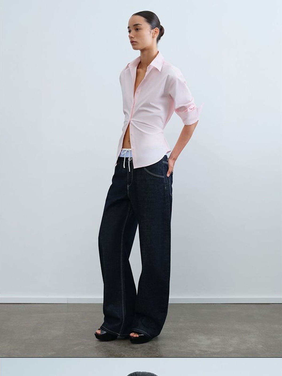 RARELY ALIKE Two Way Tie Waist Cotton Shirt in Pink - On Female Model