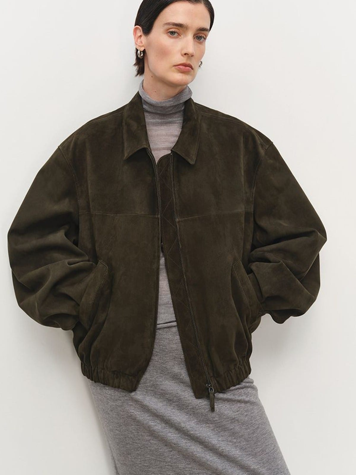 MSBEAST Broad Shoulder Sheepskin Jacket in Olive - On Female Model