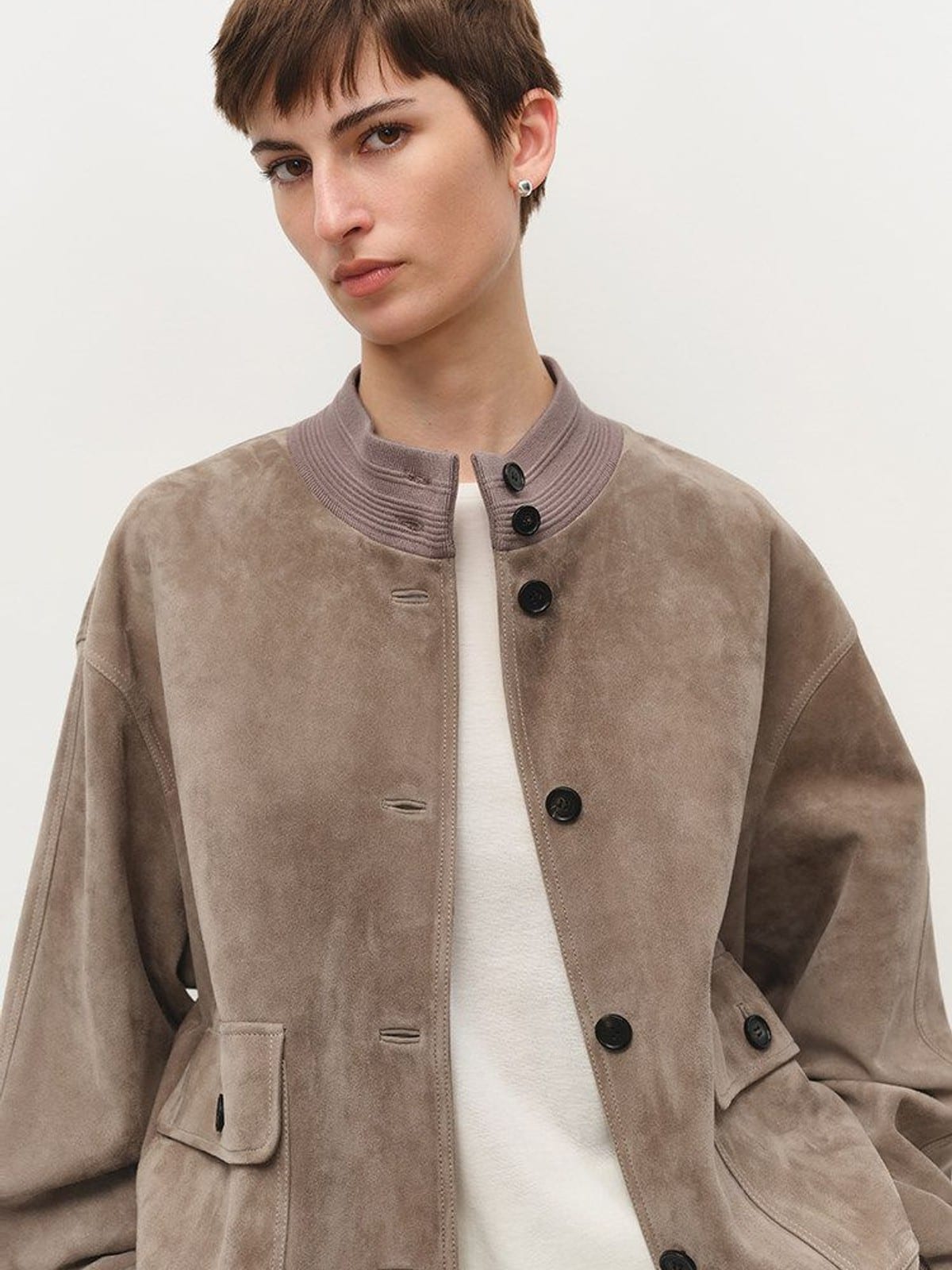 MSBEAST Oversized Sheep Suede Bomber Jacket in Beige - On Female Model