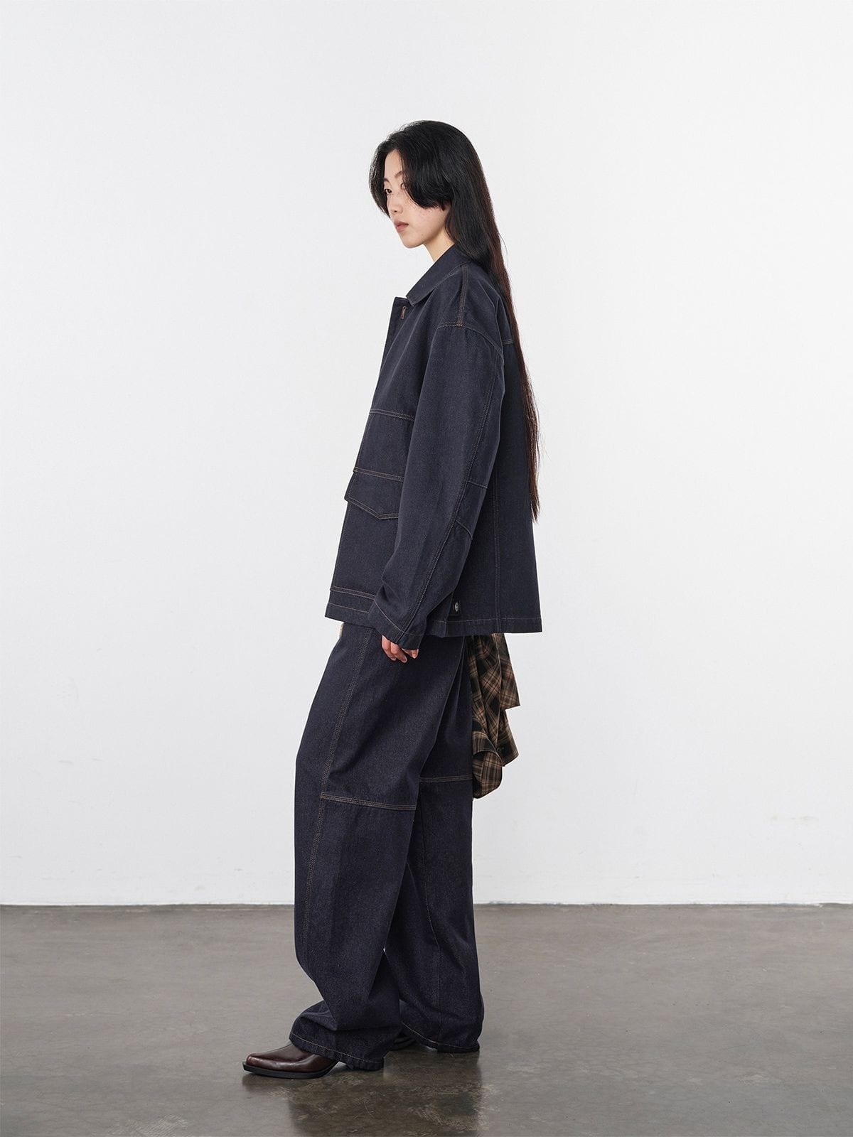 Random Piece Cotton Convertible Workwear Jacket in Navy Blue - On Female Model