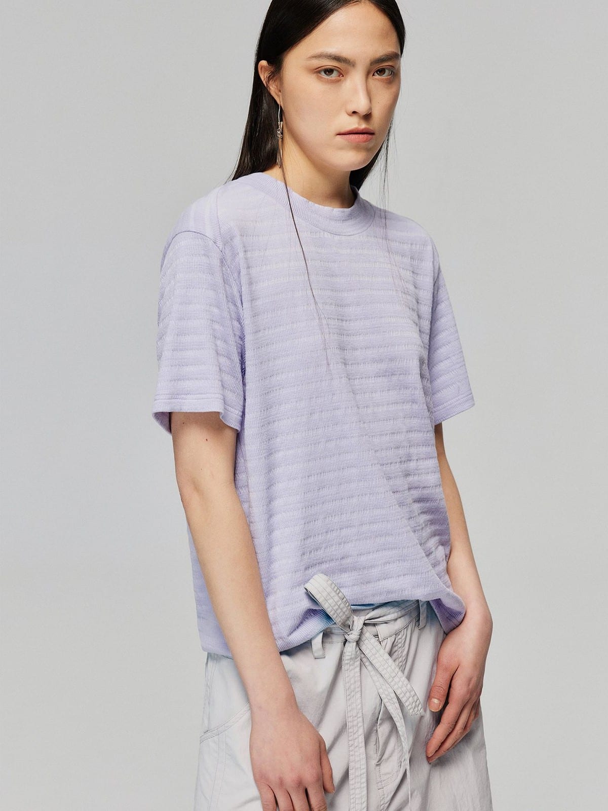 SIMPLE PROJECT Textured Diagonal Paneled T Shirt in Lavender - On Female Model