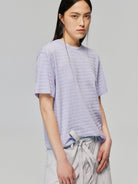 SIMPLE PROJECT Textured Diagonal Paneled T Shirt in Lavender - On Female Model