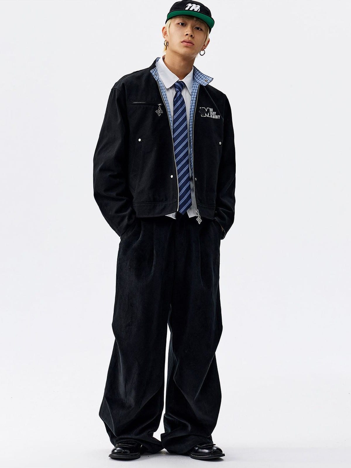 MEDM Plaid Collar Cotton Zip Up Jacket in Black - On Male Model