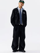 MEDM Plaid Collar Cotton Zip Up Jacket in Black - On Male Model