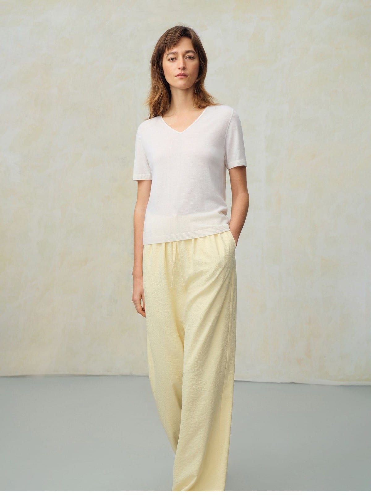 TEASEL Crinkled Silk Blend Shirt Pants Set in Yellow - On Female Model