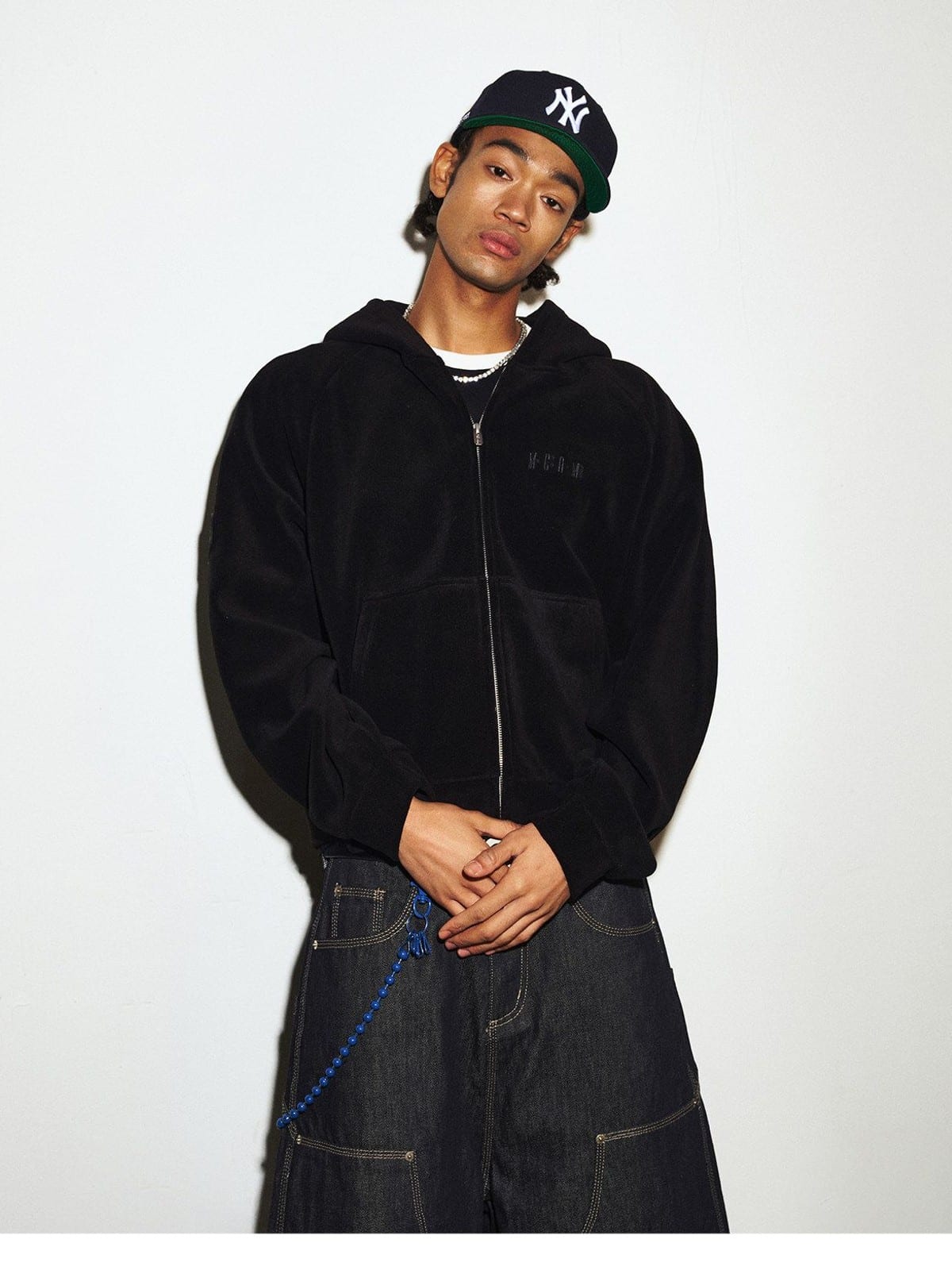 MEDM Fleece Zip Hoodie Drawstring Pants Set in Black - On Male Model