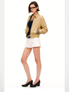 PUKI Washed Cotton Barn Jacket in Khaki - On Female Model
