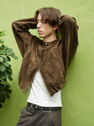 Retro 21 Faux Suede Batwing Balloon Jacket in Brown - On Male Model