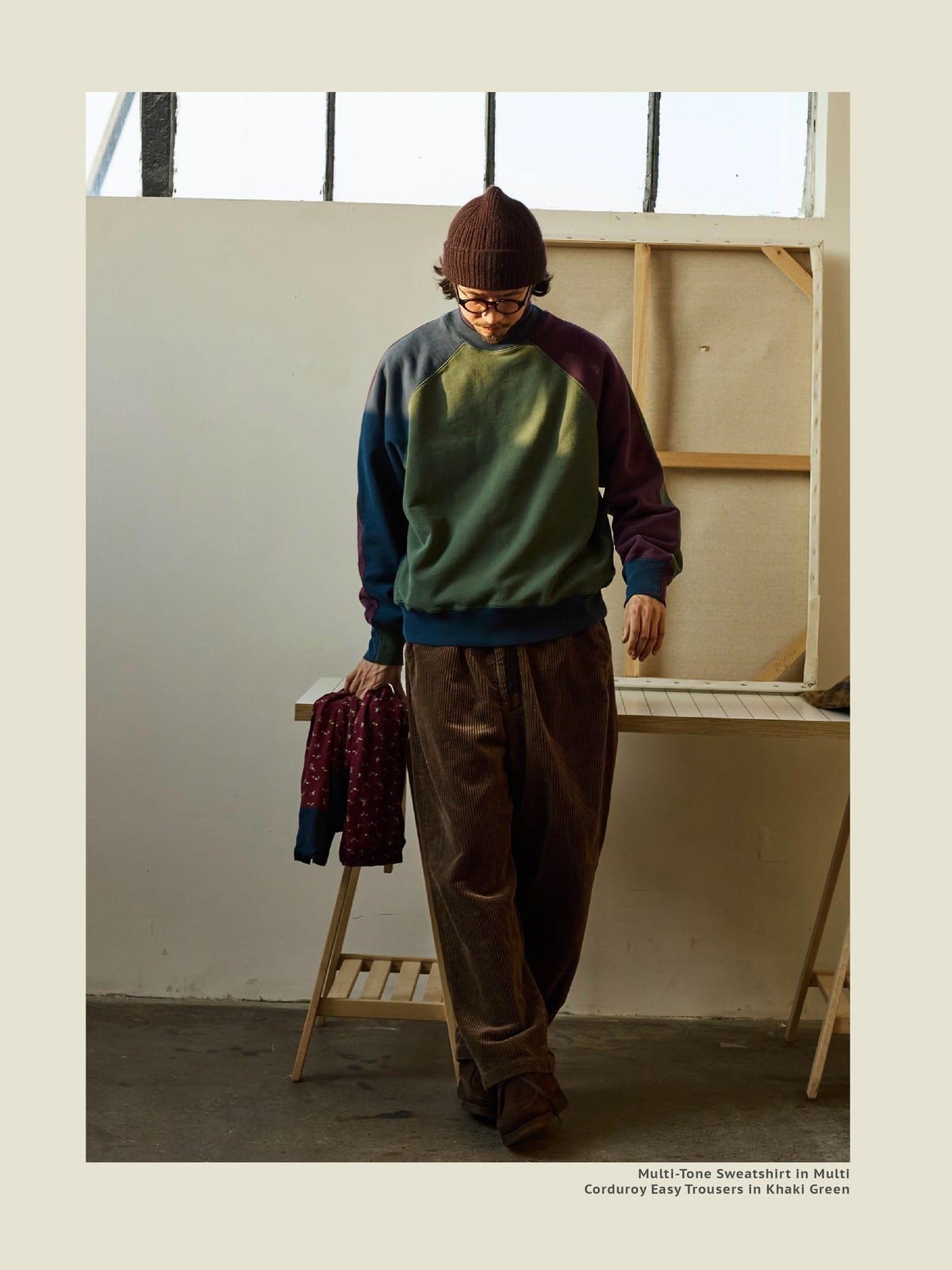 USAGE Colorblock Raglan Cotton Sweatshirt in Green - On Male Model