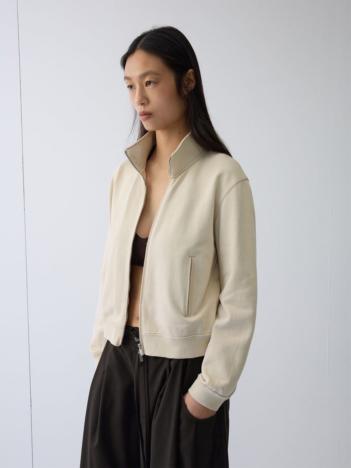 Random Piece Washed Cotton Stand Collar Zip Sweatshirt in Beige - On Female Model