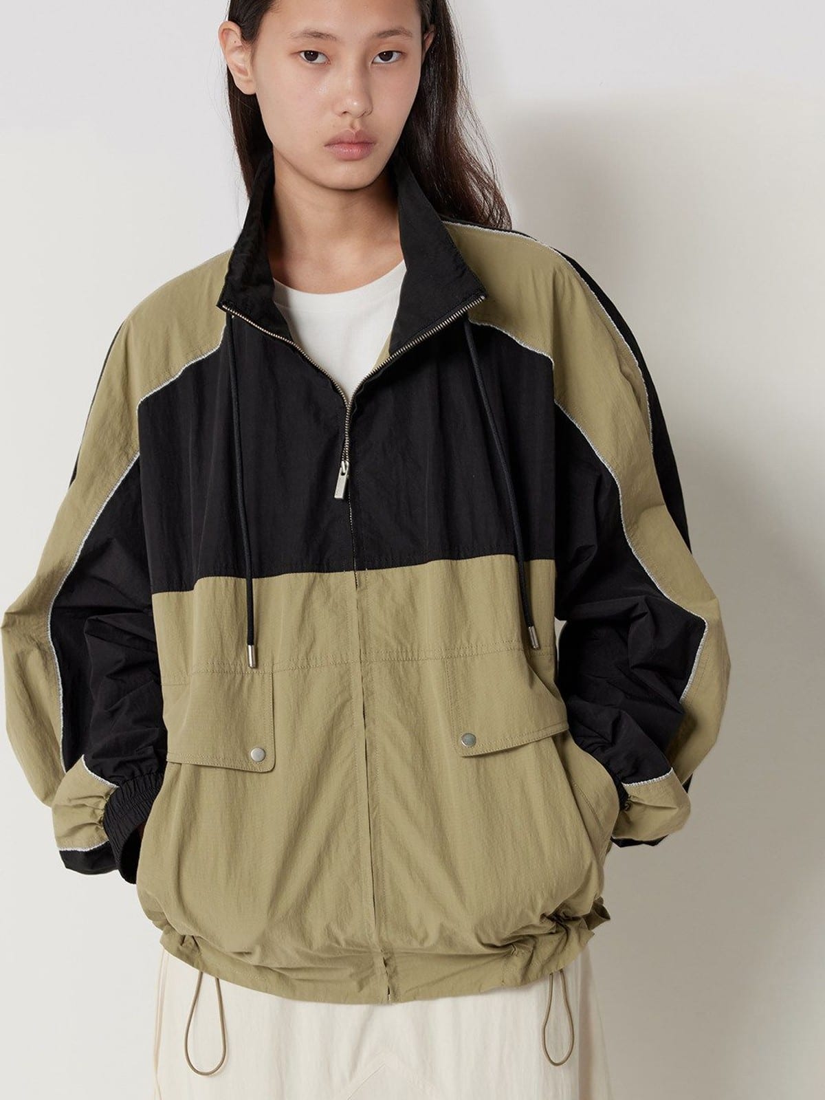 Random Piece Color Block Stand Collar Jacket in Beige - On Female Model