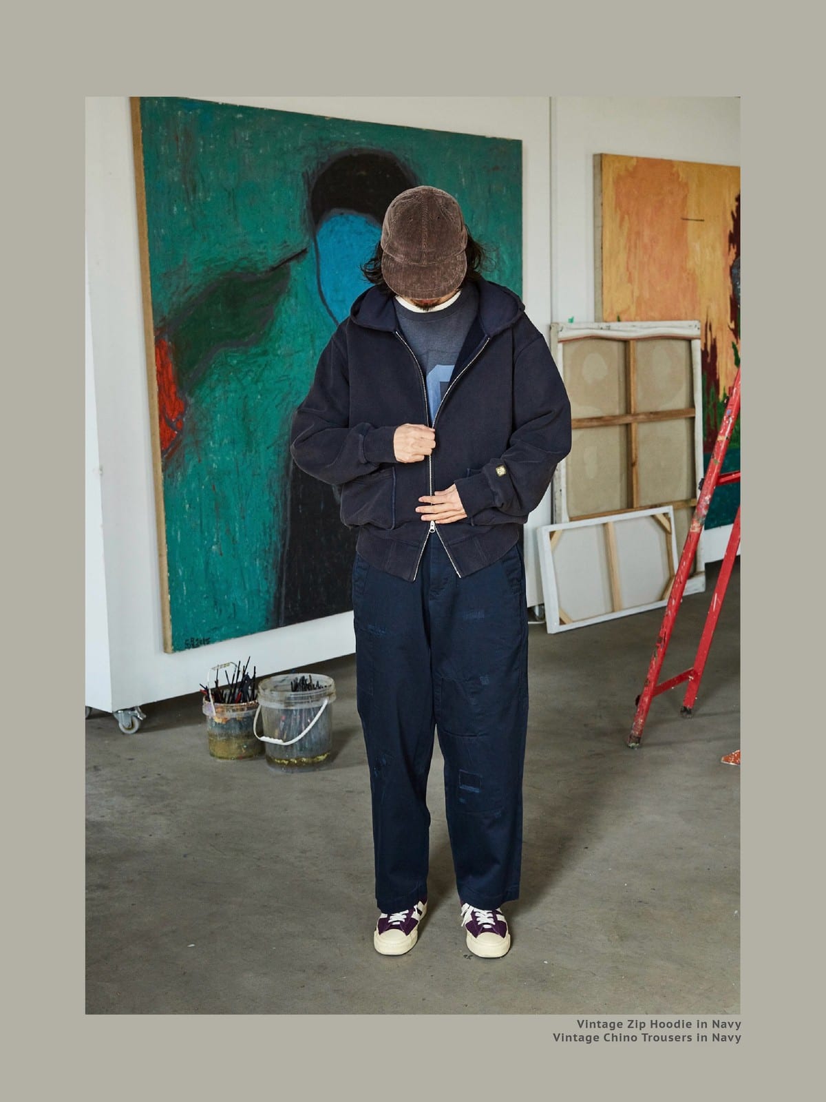 USAGE Hand Distressed Washed Zip Hoodie in Navy Blue - On Male Model