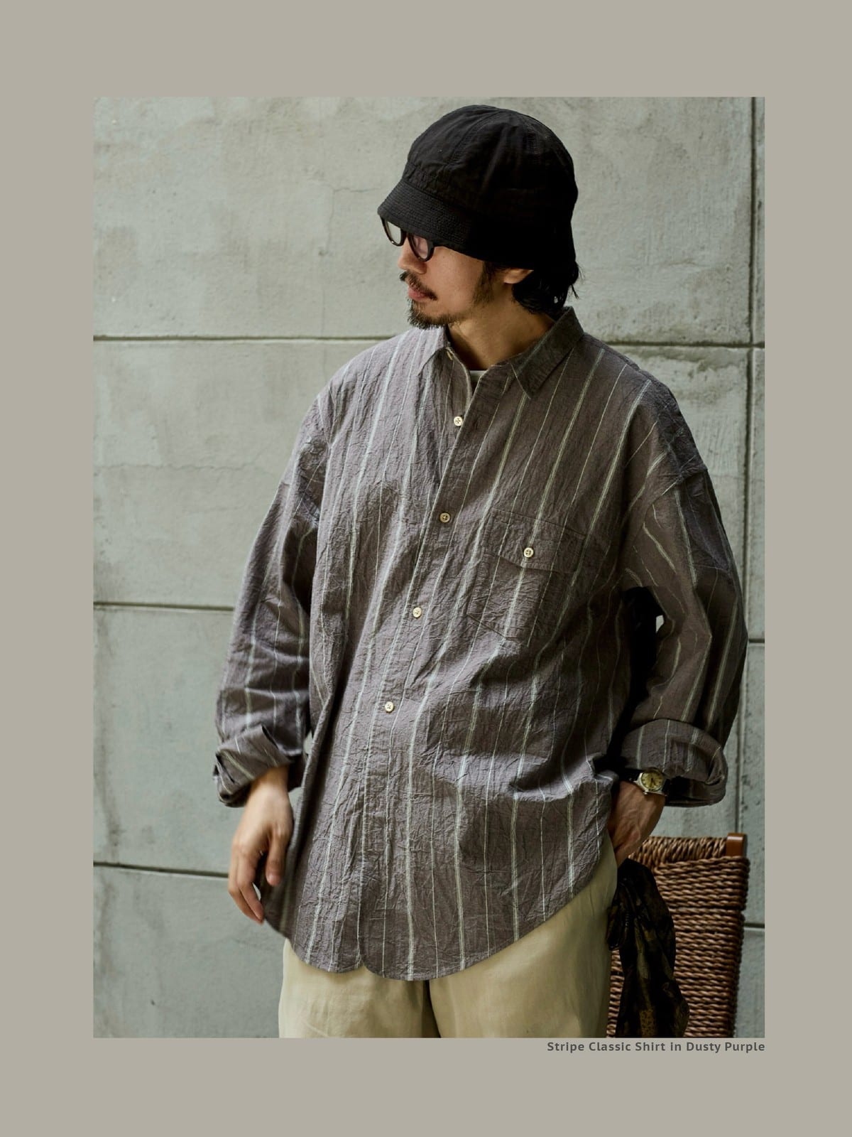 USAGE Crinkled Cotton Striped Button Down in Gray - On Male Model