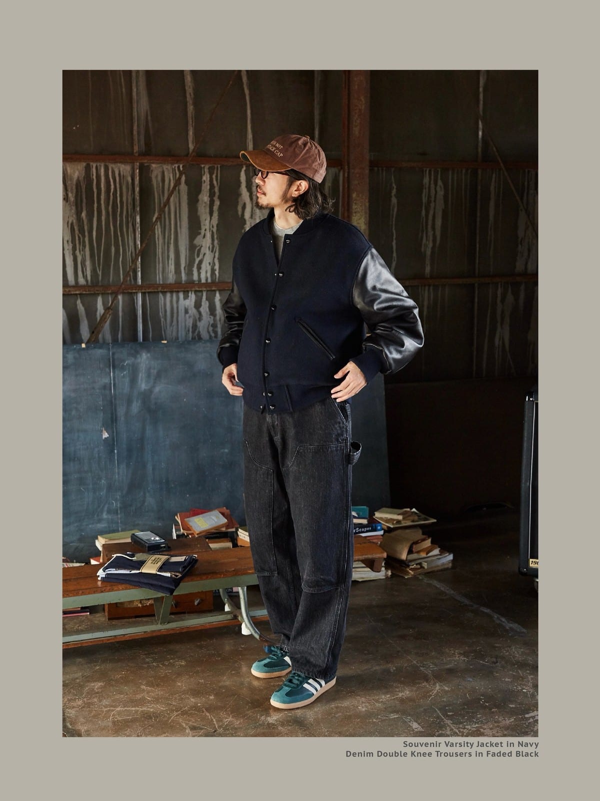 USAGE Washed Denim Double Knee Trousers in Black - On Male Model