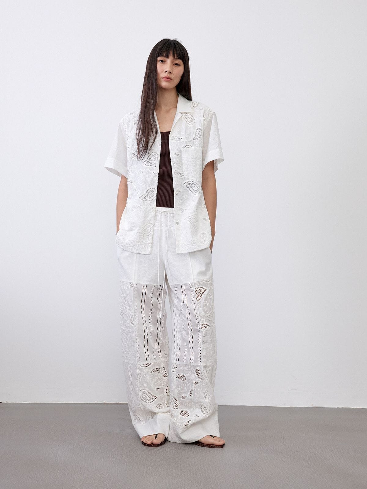 Random Piece Embroidered Cutout Wide Leg Pants in White - On Female Model