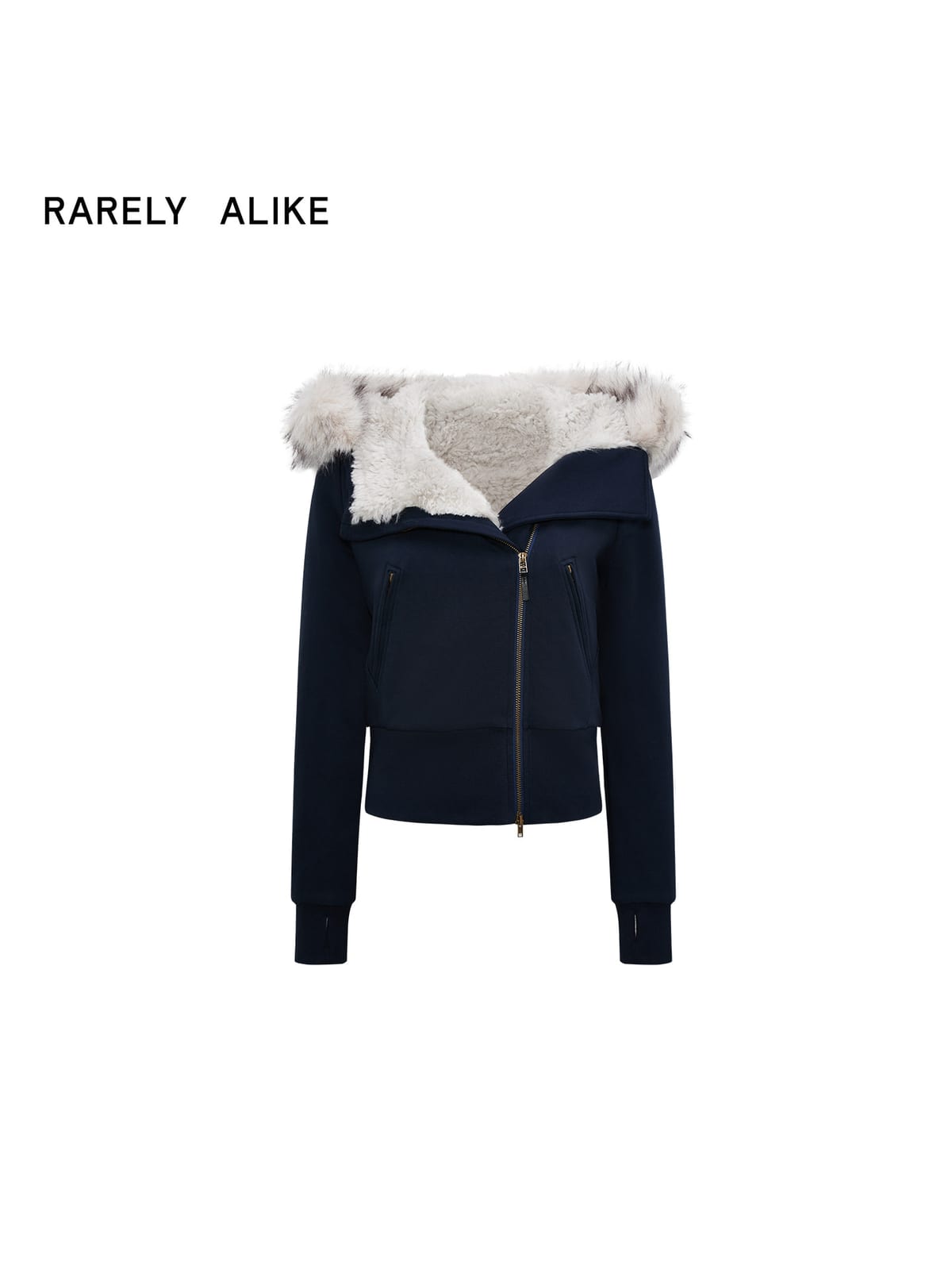 RARELY ALIKE Asymmetrical Faux Fur Trim Padded Jacket in Navy Blue