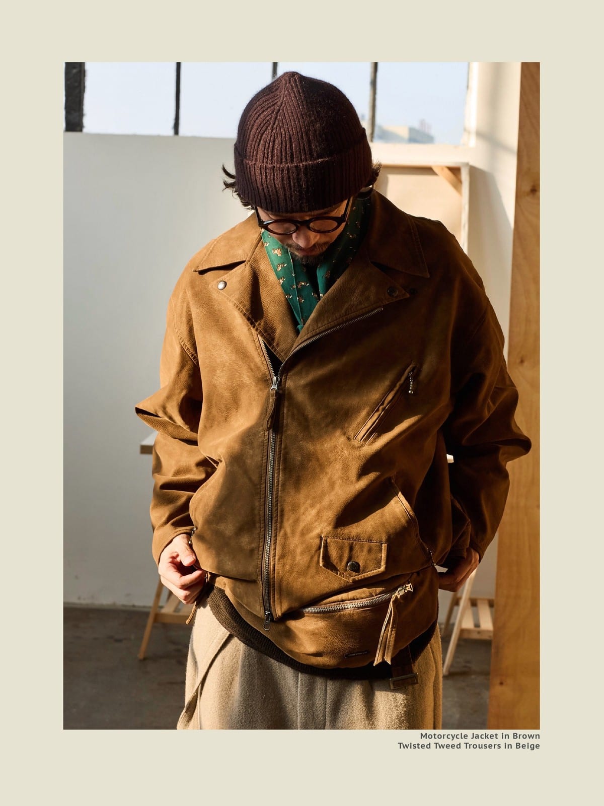 USAGE Distressed Faux Suede Moto Jacket in Brown - On Male Model