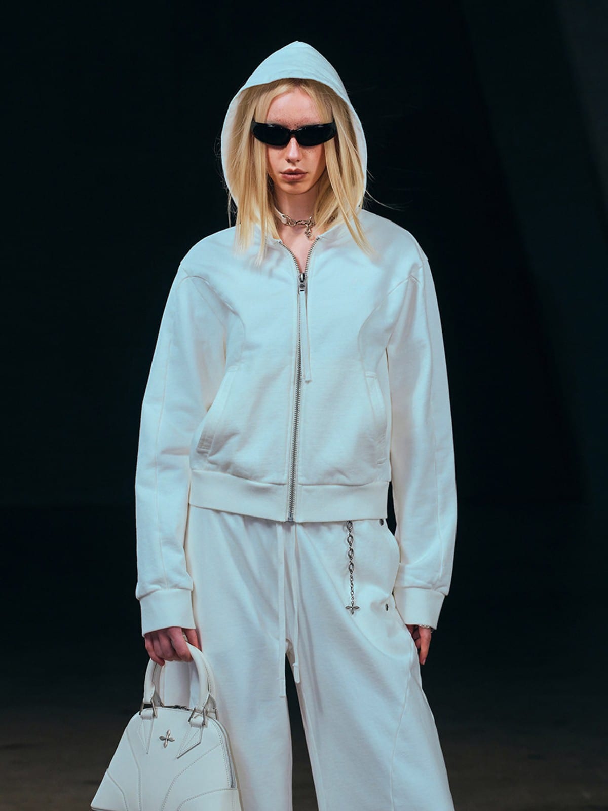 SMFK Embroidered Cropped Zip Up Hoodie in White - On Female Model