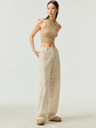 SIMPLE PROJECT Cotton Blend Crochet Lace Trousers in White - On Female Model