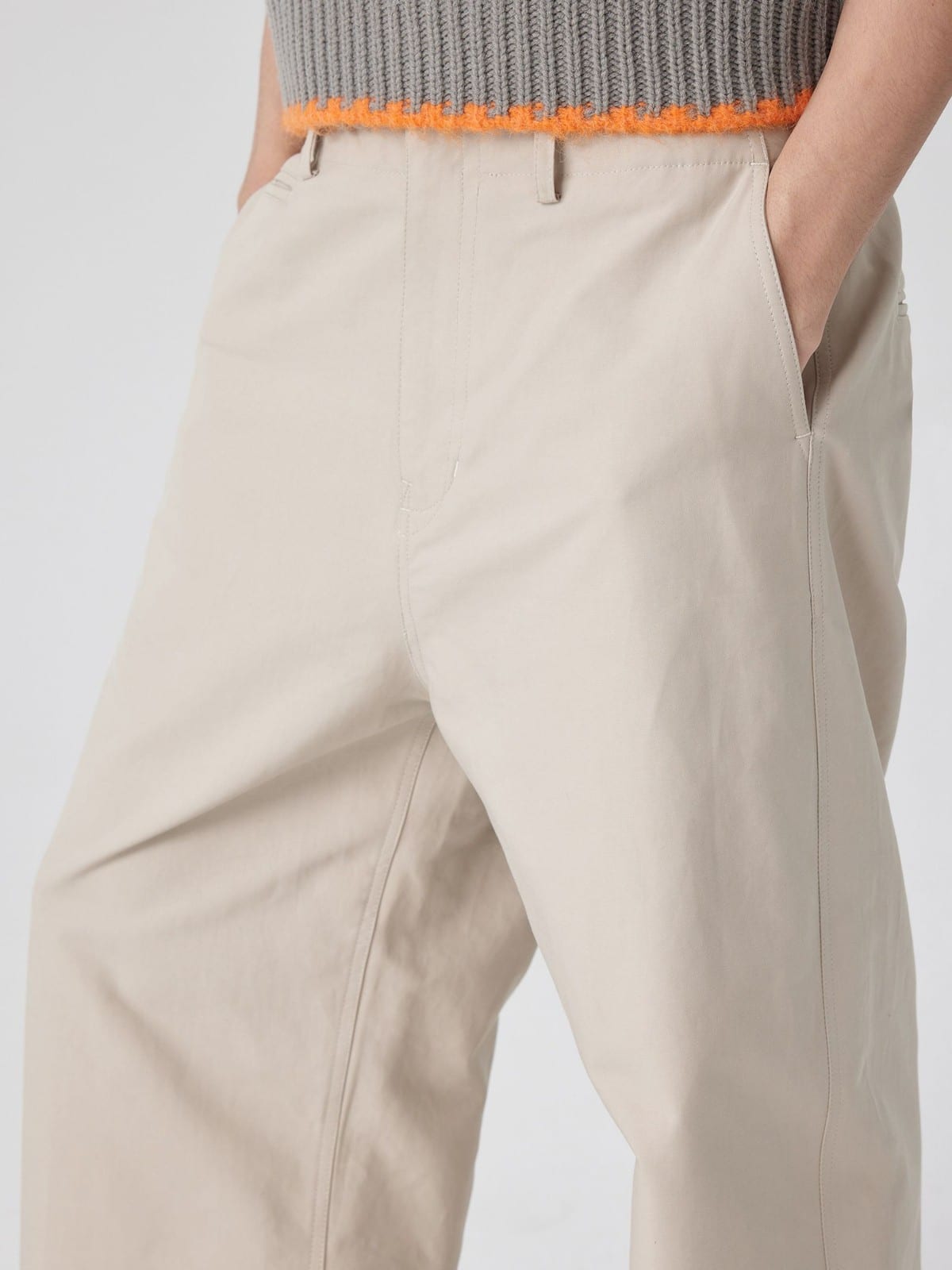 SIMPLE PROJECT Cotton Straight Leg Chino Trousers in Beige - On Model