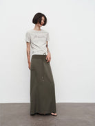 Random Piece Contrast Print Lace Trim T Shirt in Gray - On Female Model