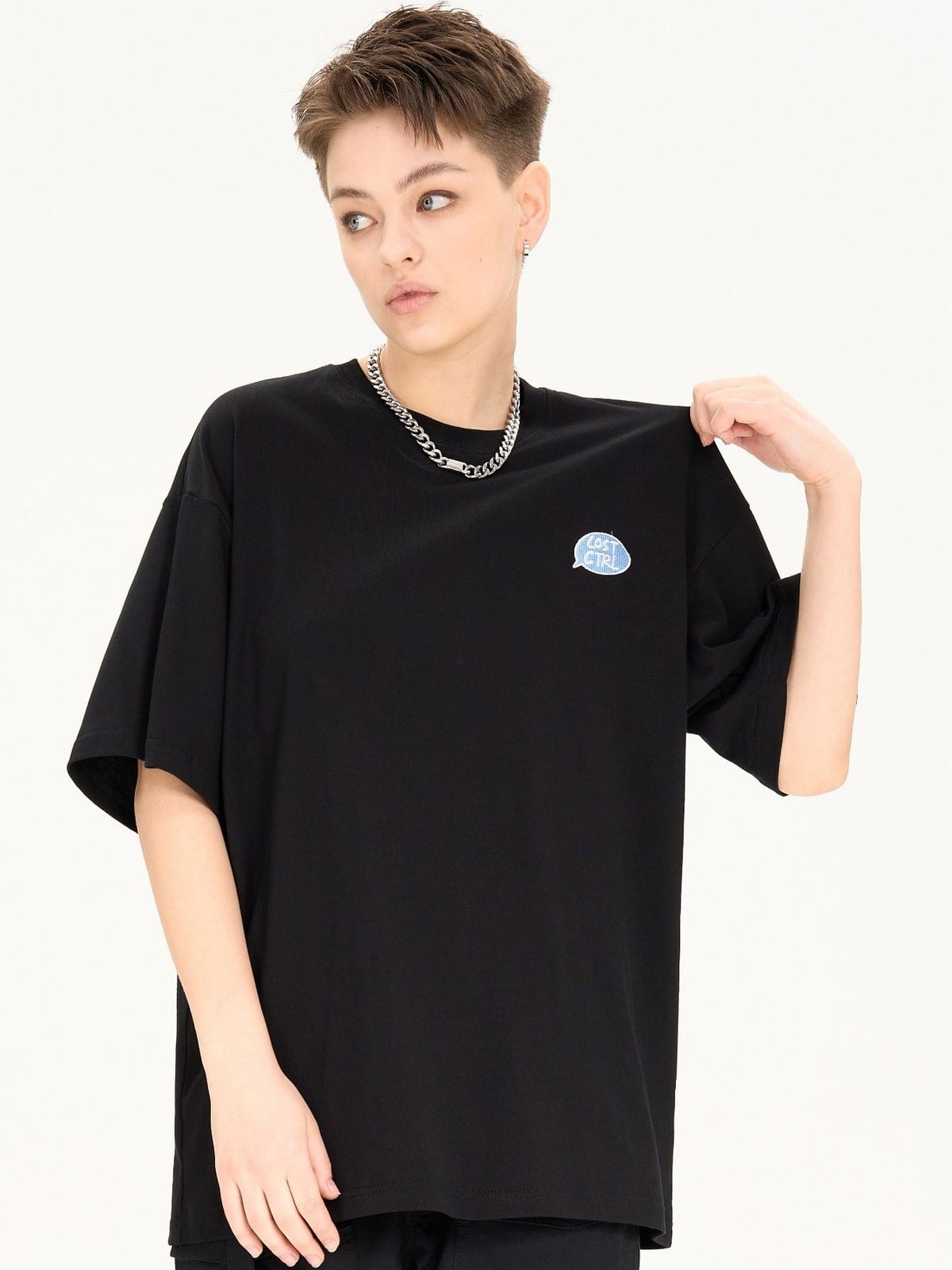 LOSTCTRL Cartoon Embroidery Cotton T Shirt in Black - On Female Model