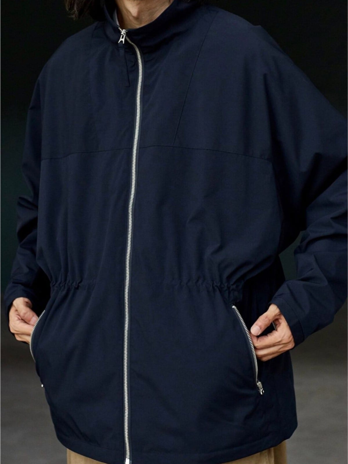 USAGE Drawstring Zip Front Tech Anorak in Navy Blue - On Male Model