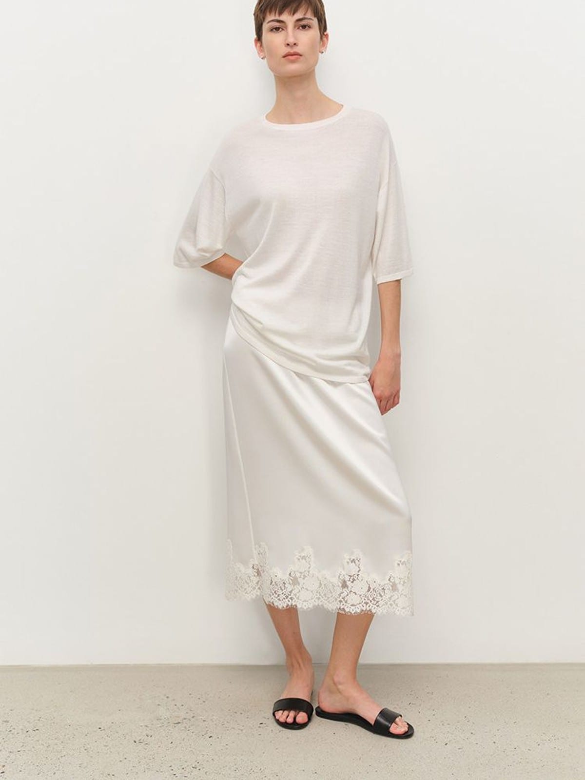 MSBEAST Wool Acetate Knit T Shirt in White - On Female Model