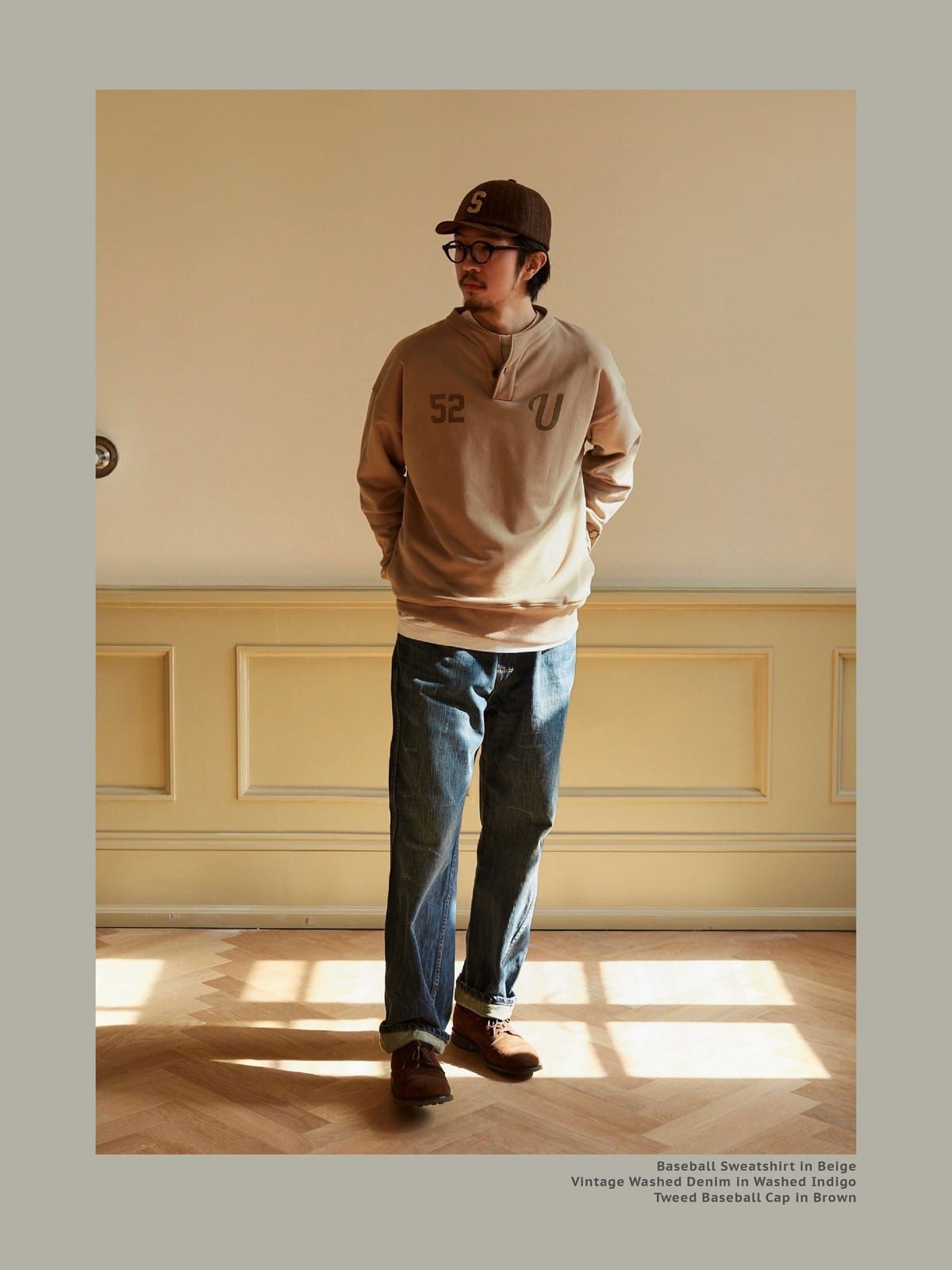 USAGE Terry Cotton Henley Sweatshirt in Beige - On Male Model