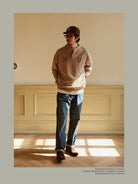 USAGE Terry Cotton Henley Sweatshirt in Beige - On Male Model