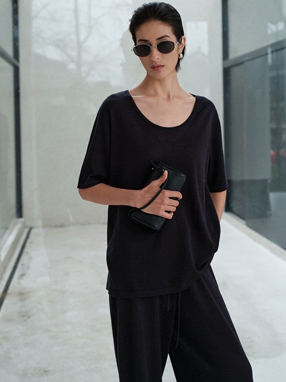 MSBEAST Melange Wool Linen Scoop Neck T Shirt in Black - On Female Model