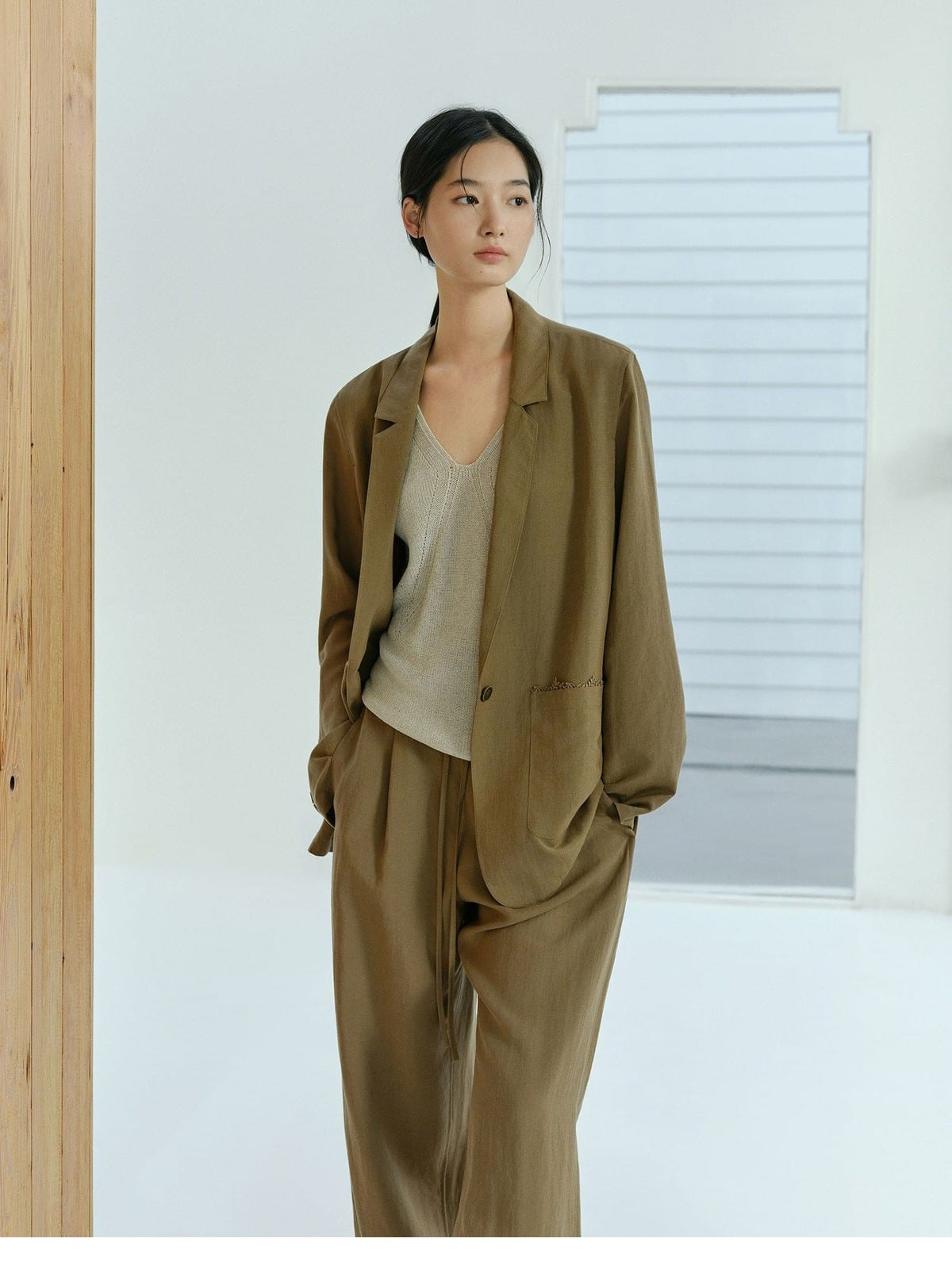 TEASEL Linen Blend Blazer Wide Leg Pants Set in Brown - On Female Model
