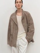 MSBEAST Drawstring Sheep Leather Jacket in Taupe - On Female Model