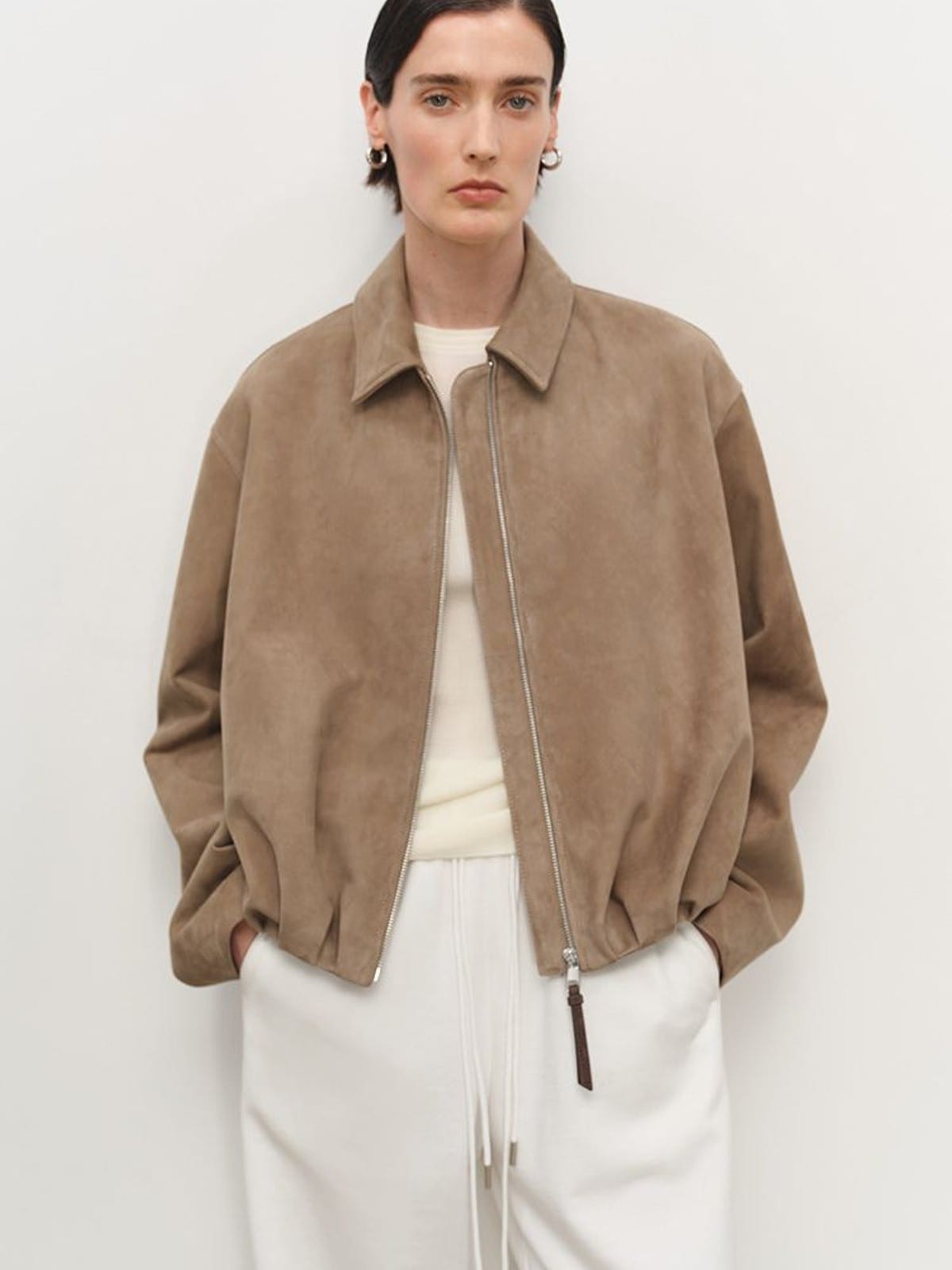 MSBEAST Gathered Hem Sheep Leather Jacket in Beige - On Female Model