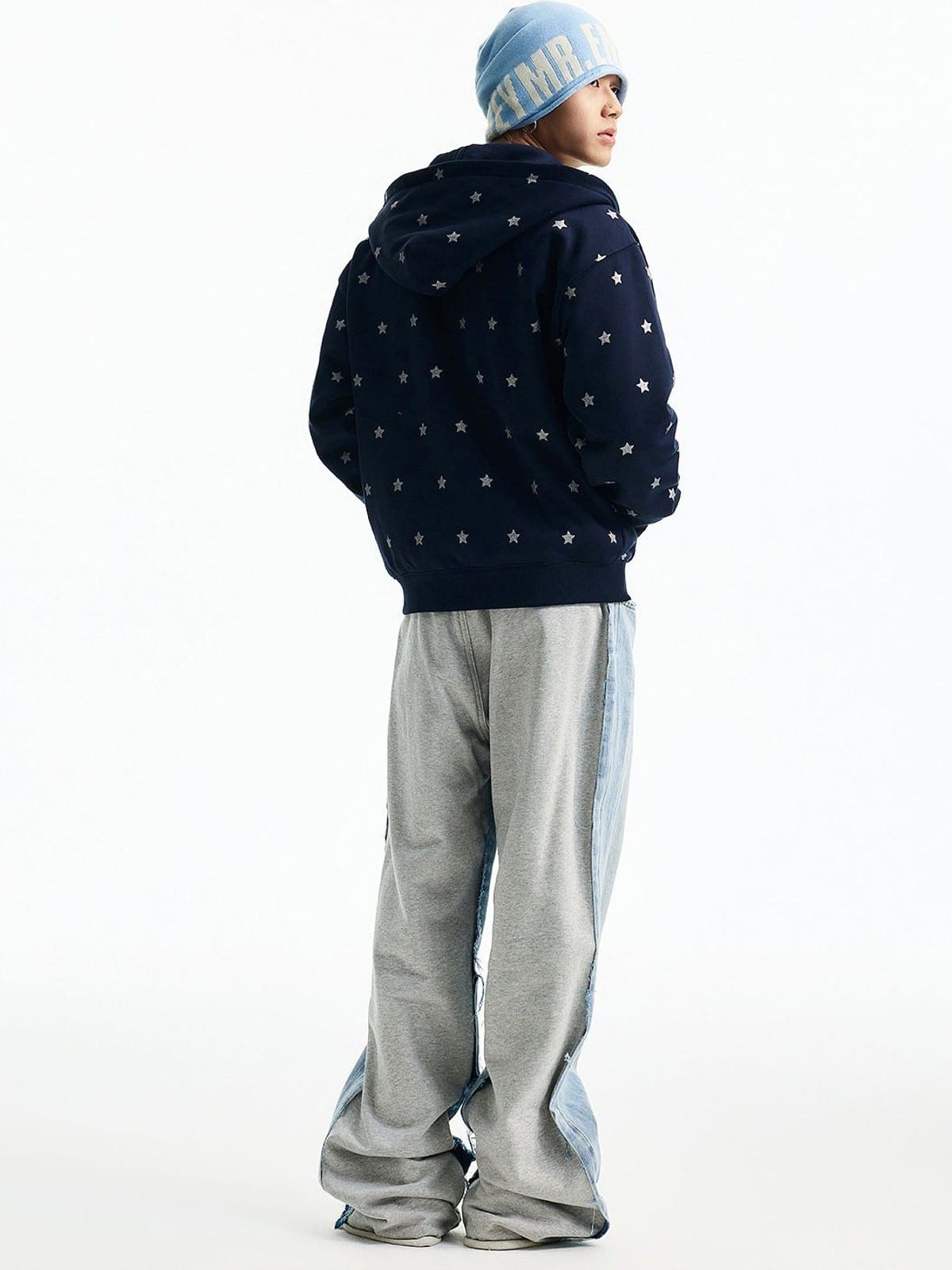MEDM Fleece Lined Star Print Zip Hoodie in Navy Blue - On Male Model