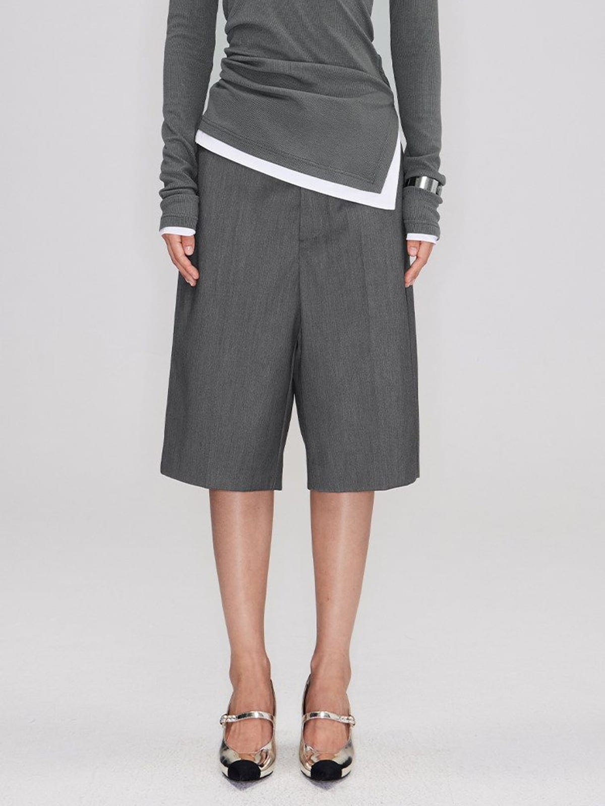 RARELY ALIKE Tailored Bermuda Shorts in Gray - On Female Model
