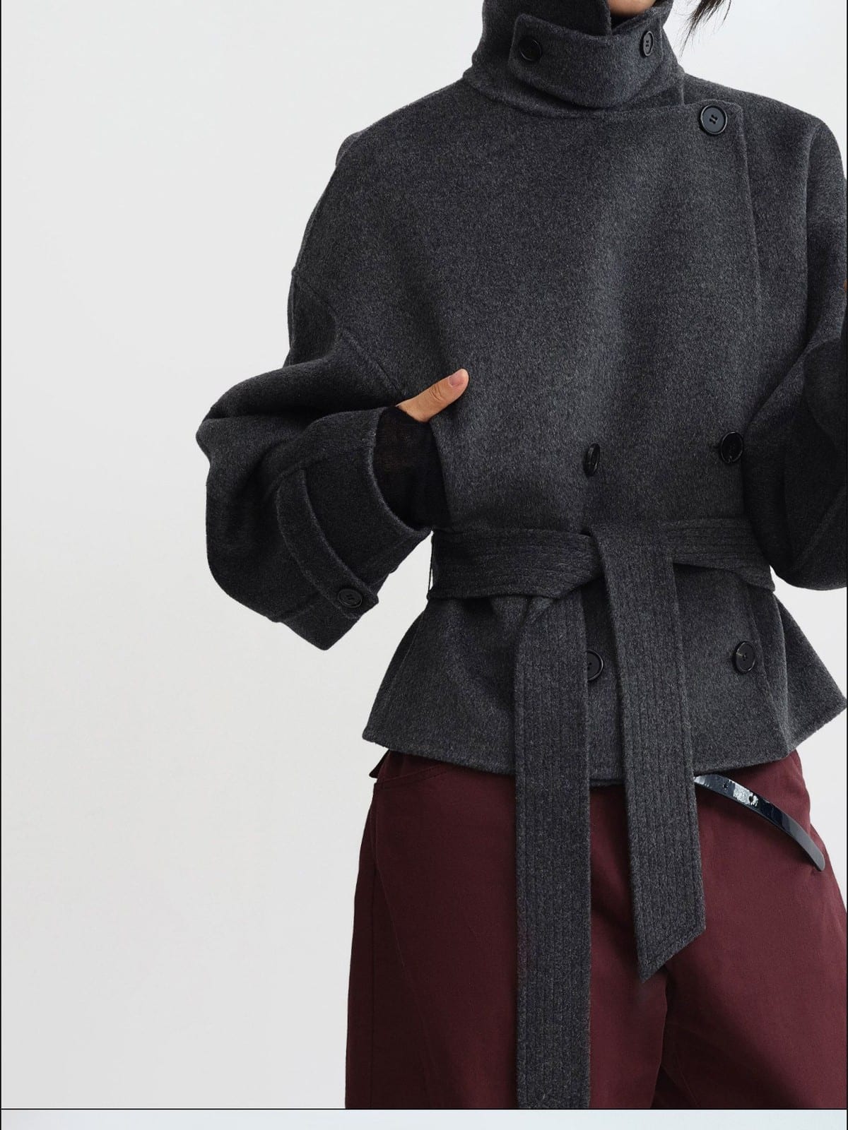 RARELY ALIKE Belted Double Breasted Short Wool Coat in Gray - On Female Model