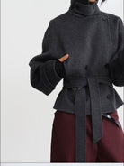 RARELY ALIKE Belted Double Breasted Short Wool Coat in Gray - On Female Model