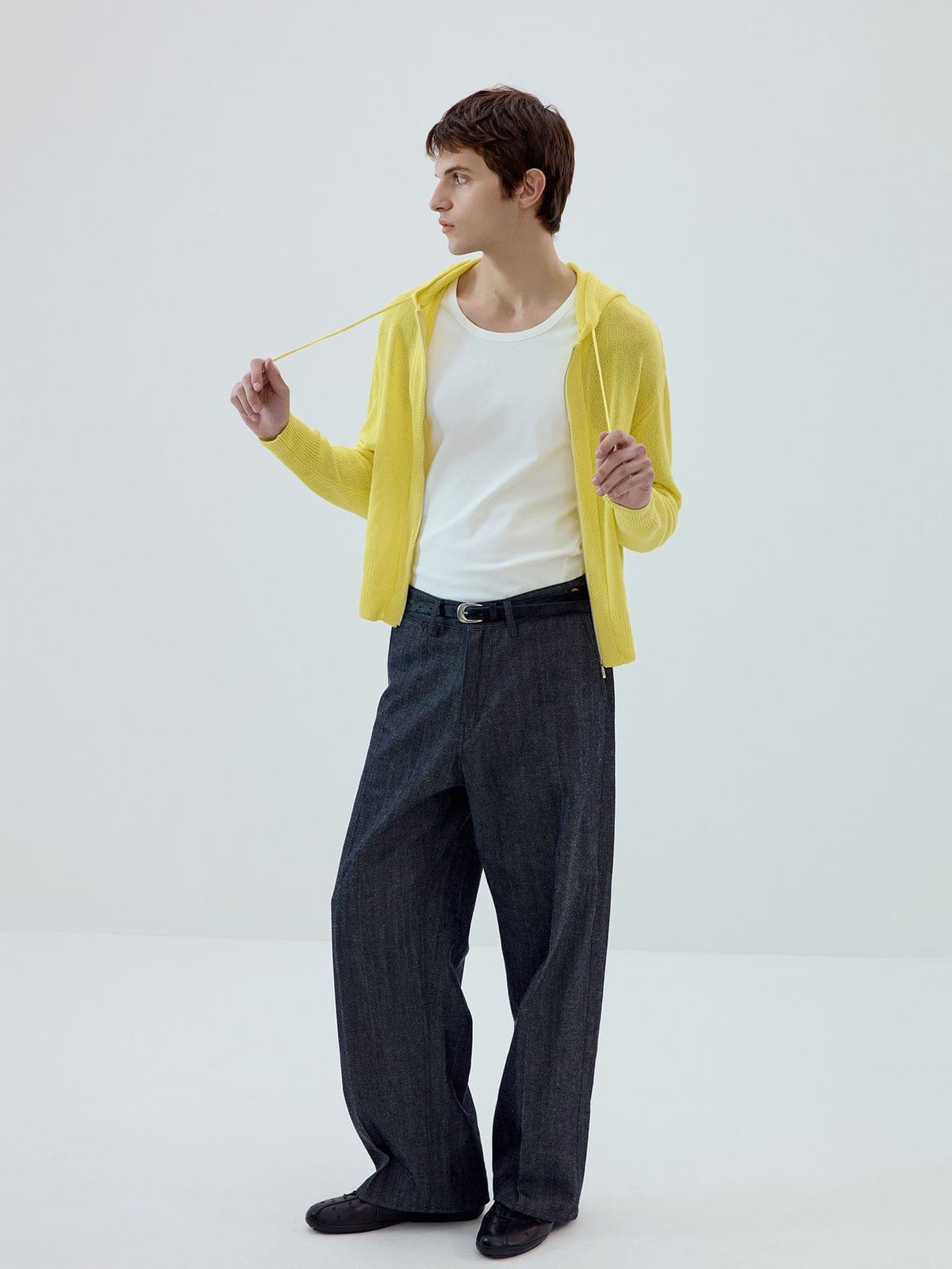 SIMPLE PROJECT Washi Paper Yarn Zip Up Hoodie in Yellow - On Male Model