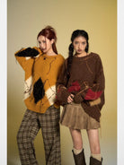 BeerBro Distressed Fuzzy Argyle Sweater in Mustard - On Female Model