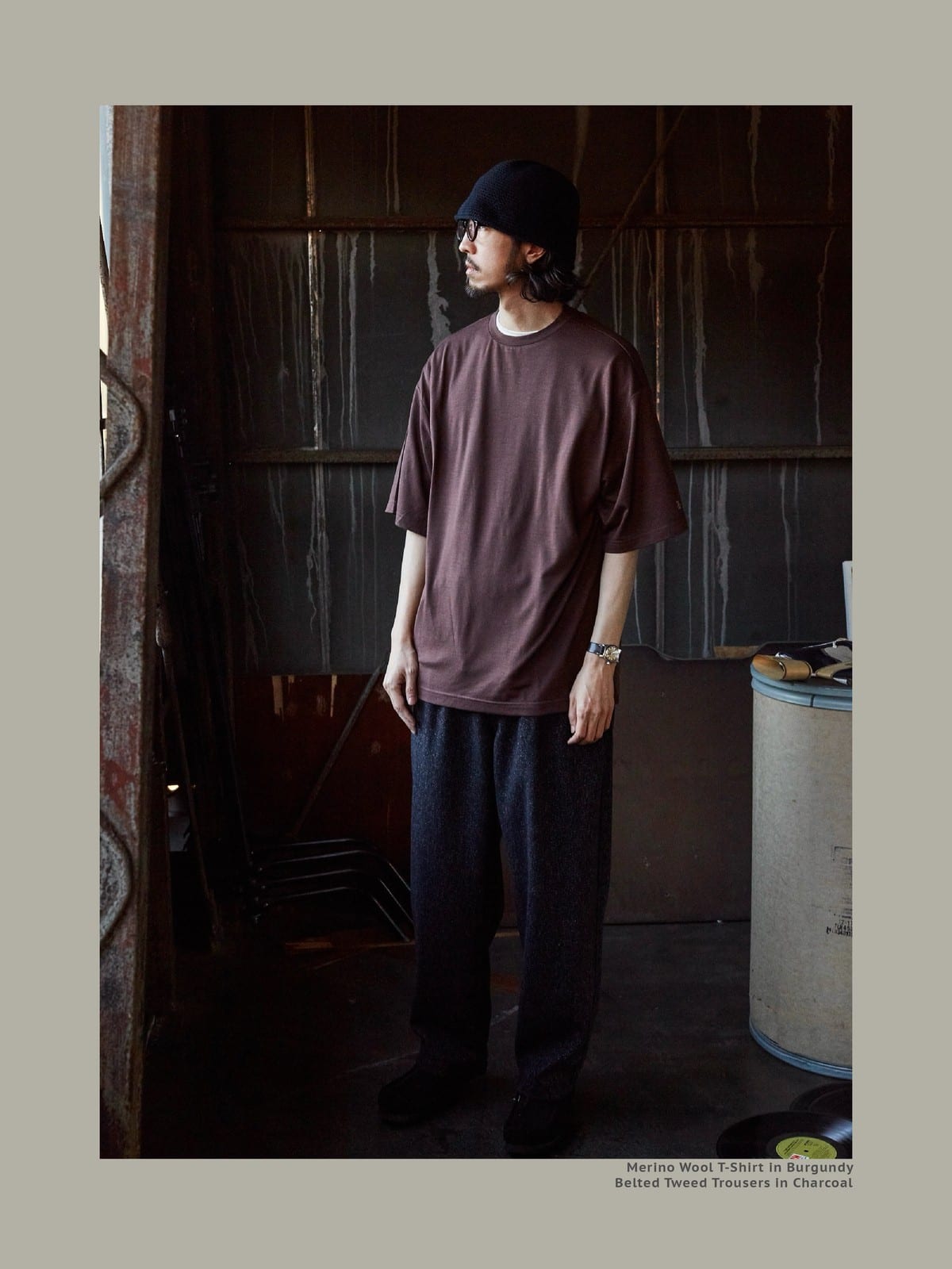 USAGE Merino Wool Blend T Shirt Set in Brown - On Male Model